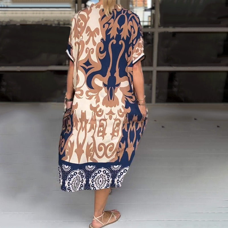 Vestido Midi con Estampado y Escote en V - Tejido Suave y Ligero
